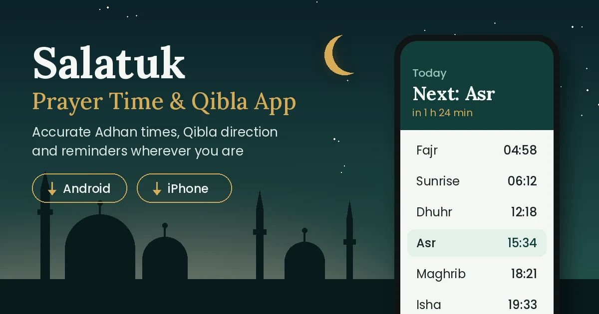 Salatuk Prayer Time App download for Android and iPhone showing daily prayer times