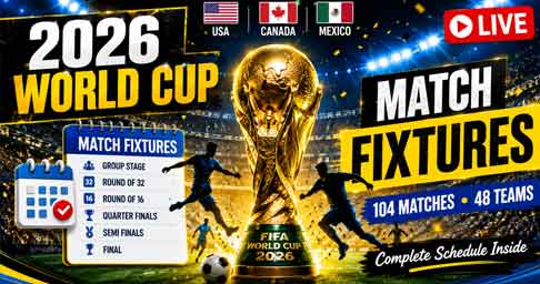 FIFA World Cup 2026 tournament schedule showing 48 teams, 104 matches, knockout stages and final.