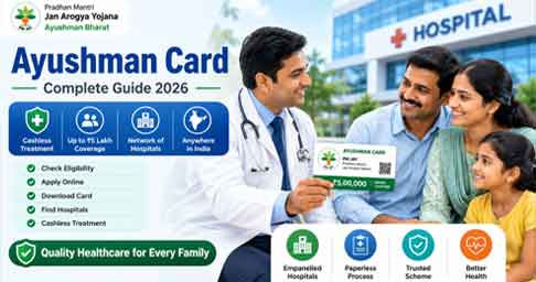 Doctor explaining the Ayushman Card and PM-JAY health scheme to a family.